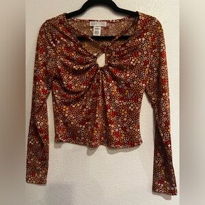 Planet Gold Brown Floral Long Sleeve Twist-Front Top with Red and Yellow Accents